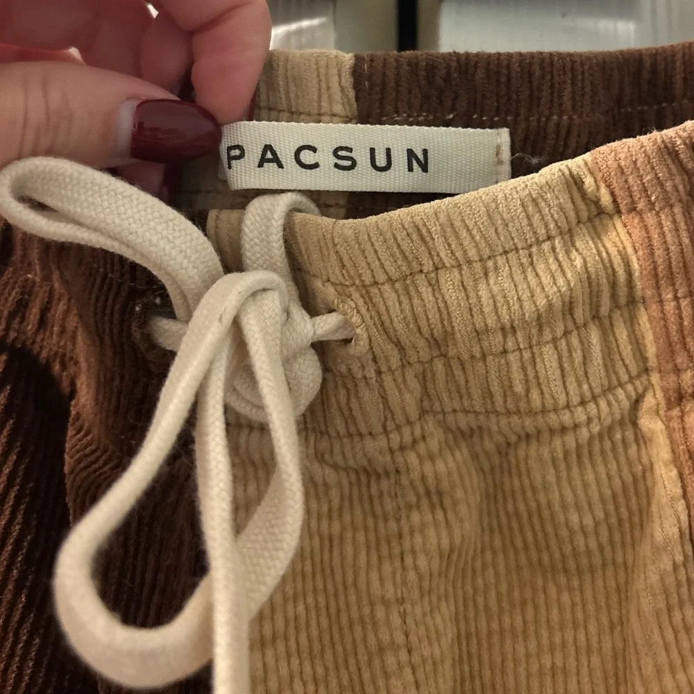 PacSun Men's Corduroy Patchwork Pants - Brown and Cream - Picture 2 of 5